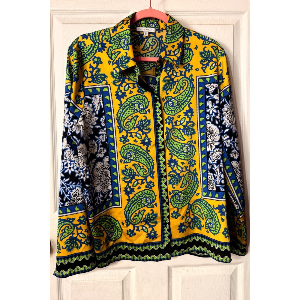 Maison d'Amelie Paris Yellow Paisley Floral Scarf Print Button Down Shirt Large